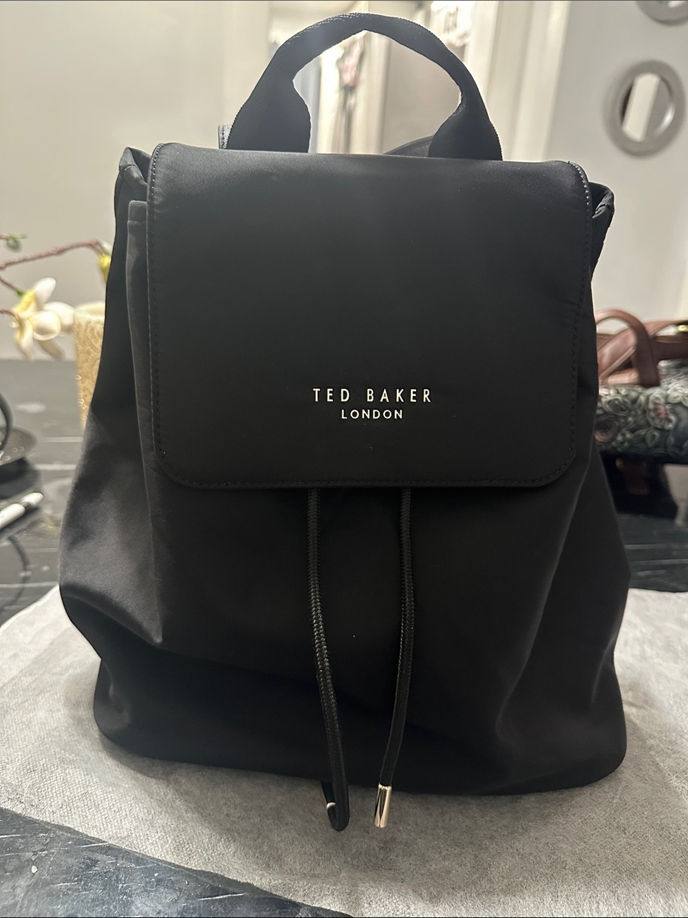 Ted Baker London Black Nylon Drawstring Flap Backpack